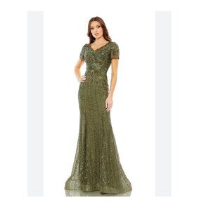 Dress: Mac Duggal: Olive Green Embellished V Neck Cap Sleeve Trumpet Gown